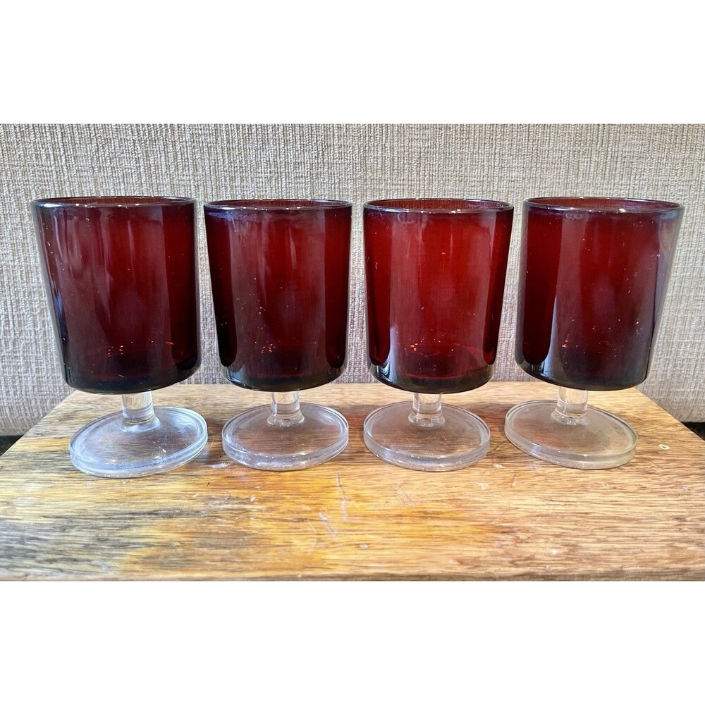 Vintage French Ruby Red Glass Wine Goblets Set of 4 Clear Stem Made in France